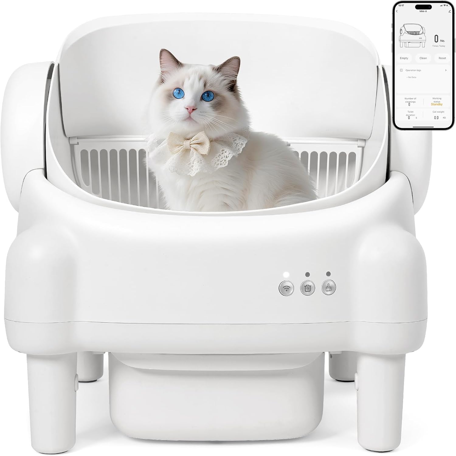 R0BTECH Self Cleaning Litter Box,Open Top Automatic Litter Box with App Control for Multiple Cats, Safety Sensors Protection, Odor Control Includes 2 roll Liners,Large Waste Bin, Cream White