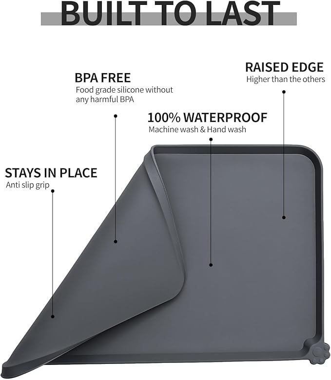 R0BTECH Silicone Pet Feeding Mat - Waterproof & Non-Slip Dog Cat Placemat | High Raised Edges Prevent Food & Water Spills to Protect Floors, Easy to Clean, Fit for Dog Cat Bowls
