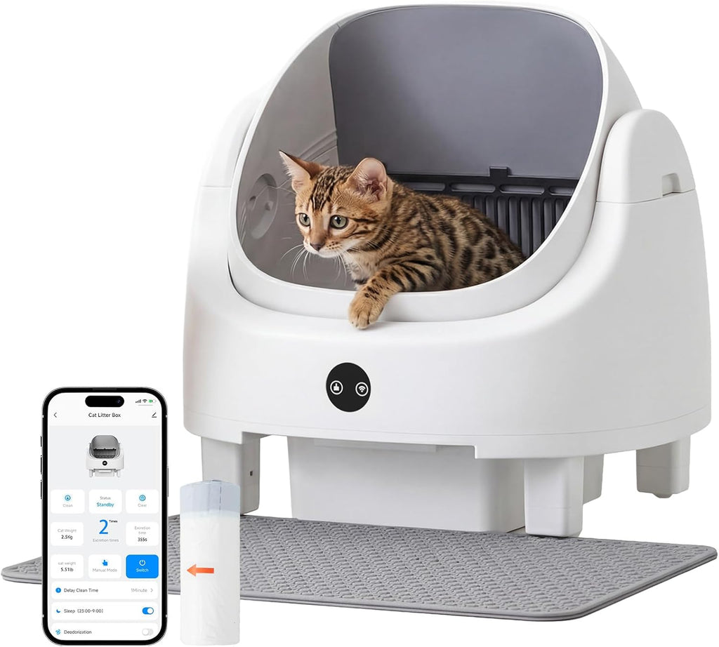 R0BTECH Automatic Litter Box App Control Self Cleaning Litter Box Odor Control＆Safety Protection for Multiple Cats with Garbage Bag, Cat Litter Mat and Fragrance Box