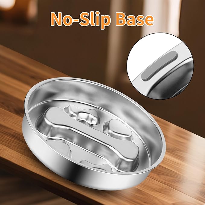 R0BTECH Novery Slow Feeder Dog Bowl - 2 Cups Stainless Steel Dog Slow Feeder Food Bowl, Metal Non-Slip Lick Plate,Puppy or Cat Food Holder,Pet Supplies,Puzzle Maze Dish for Medium Sized Breeds