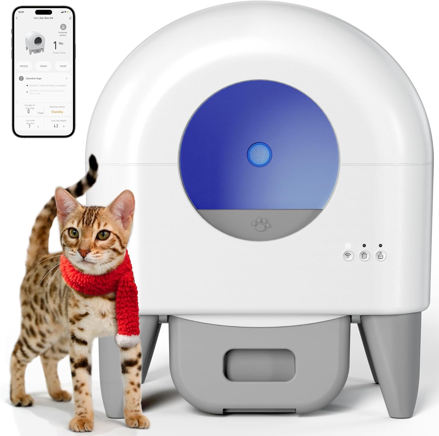 R0BTECH Self Cleaning Litter Box, Automatic Litter Box Self Cleaning Large Capacity for Multiple Cats, App Control with Safety Sensors, Removable Washable Liner,2 Pack Garbage Bags,Grey