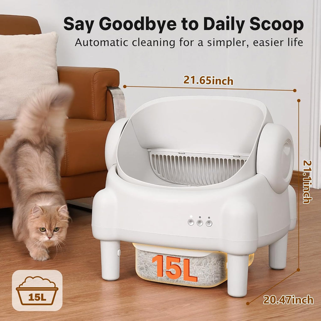 R0BTECH Self Cleaning Litter Box,Open Top Automatic Litter Box with App Control for Multiple Cats, Safety Sensors Protection, Odor Control Includes 2 roll Liners,Large Waste Bin, Cream White