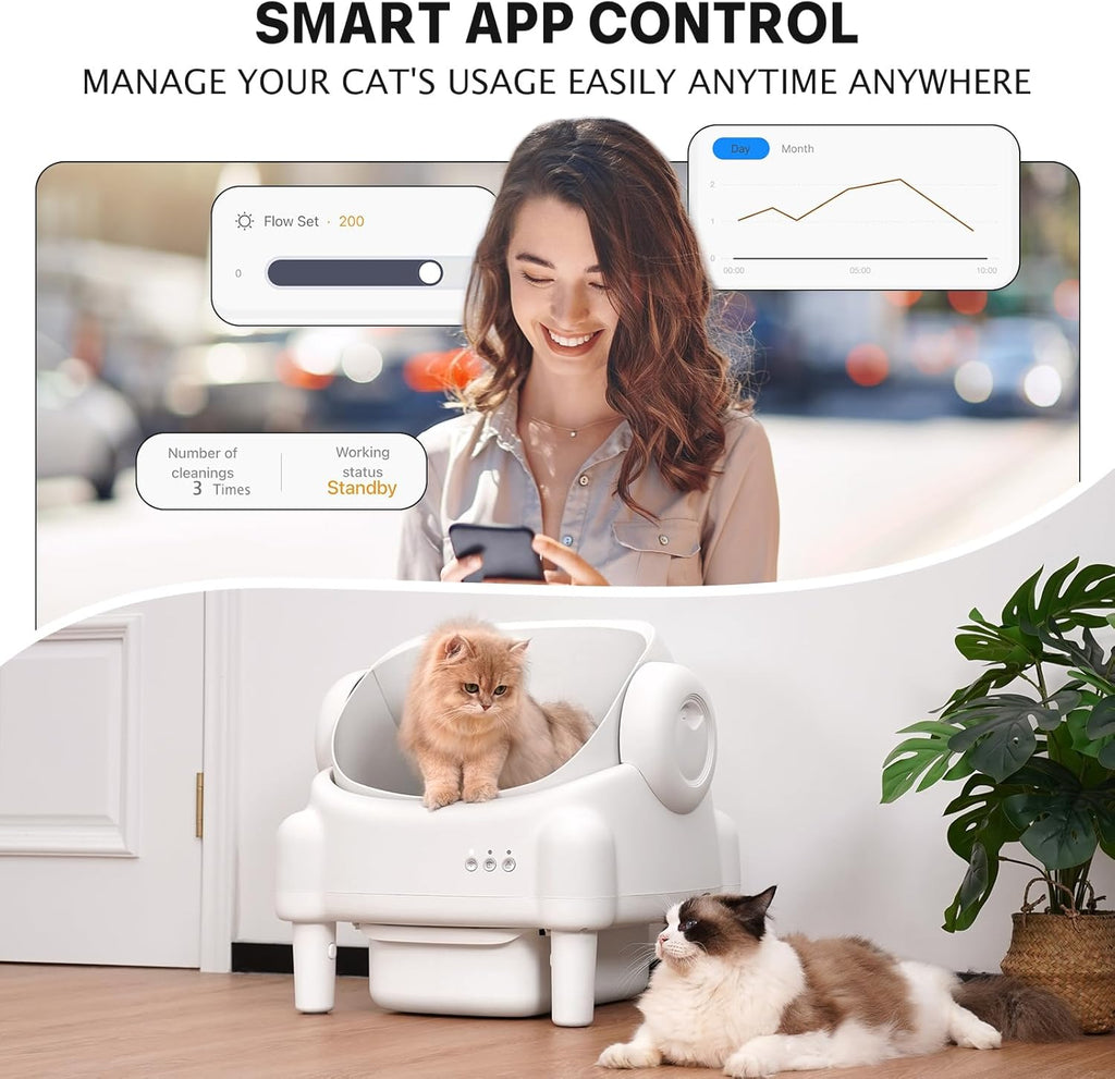 R0BTECH Self Cleaning Litter Box,Open Top Automatic Litter Box with App Control for Multiple Cats, Safety Sensors Protection, Odor Control Includes 2 roll Liners,Large Waste Bin, Cream White