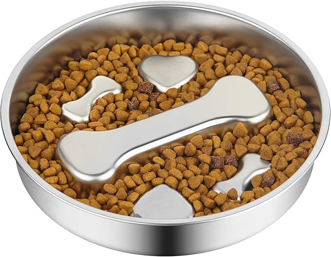 R0BTECH Novery Slow Feeder Dog Bowl - 2 Cups Stainless Steel Dog Slow Feeder Food Bowl, Metal Non-Slip Lick Plate,Puppy or Cat Food Holder,Pet Supplies,Puzzle Maze Dish for Medium Sized Breeds