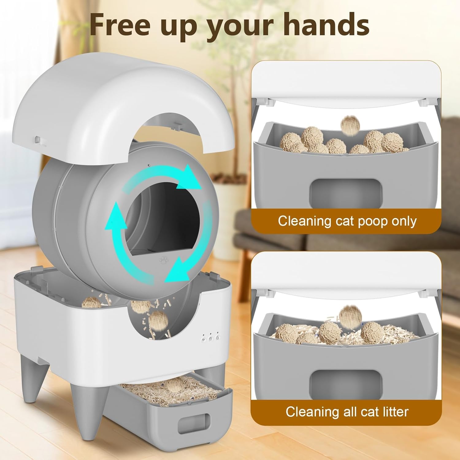 R0BTECH Self Cleaning Litter Box, Automatic Litter Box Self Cleaning Large Capacity for Multiple Cats, App Control with Safety Sensors, Removable Washable Liner,2 Pack Garbage Bags,Grey