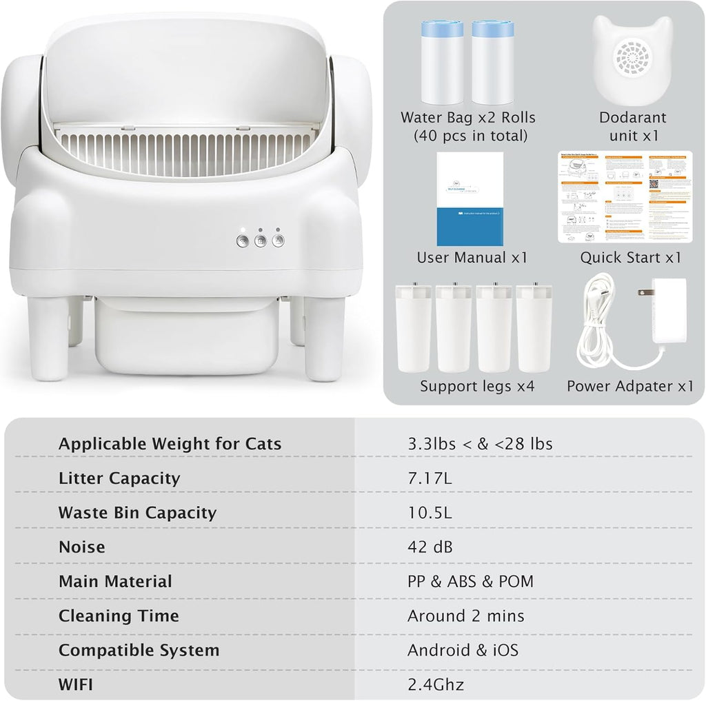 R0BTECH Self Cleaning Litter Box,Open Top Automatic Litter Box with App Control for Multiple Cats, Safety Sensors Protection, Odor Control Includes 2 roll Liners,Large Waste Bin, Cream White