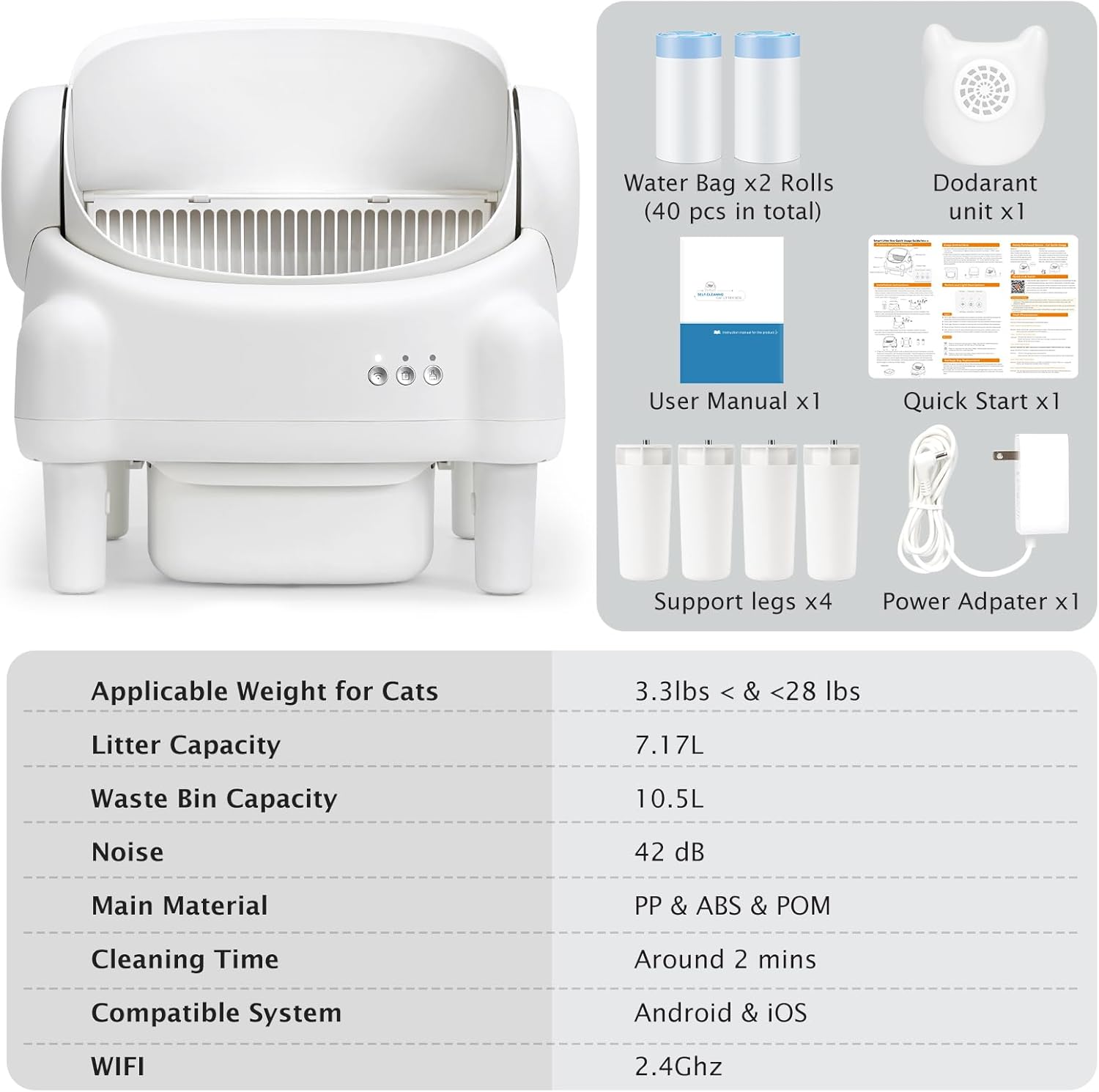 R0BTECH Self Cleaning Litter Box,Open Top Automatic Litter Box with App Control for Multiple Cats, Safety Sensors Protection, Odor Control Includes 2 roll Liners,Large Waste Bin, Cream White