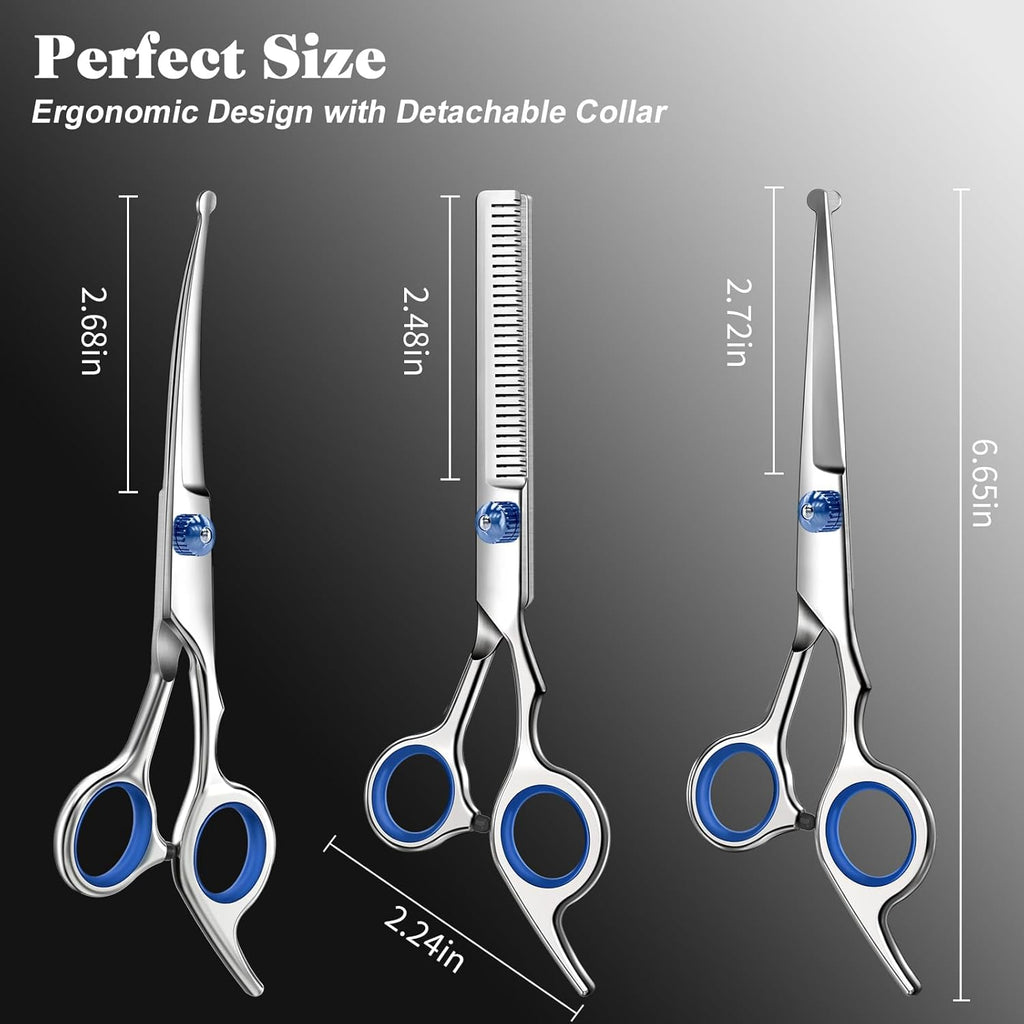 R0BTECH Professional 4 in 1 Dog & Cat Grooming Scissors Kit with Safety Round Tips,Sharp & Durable,Dog Shears for Grooming - Includes Straight, Curved, Thinning Scissors and Comb - Premium Pet Supplies
