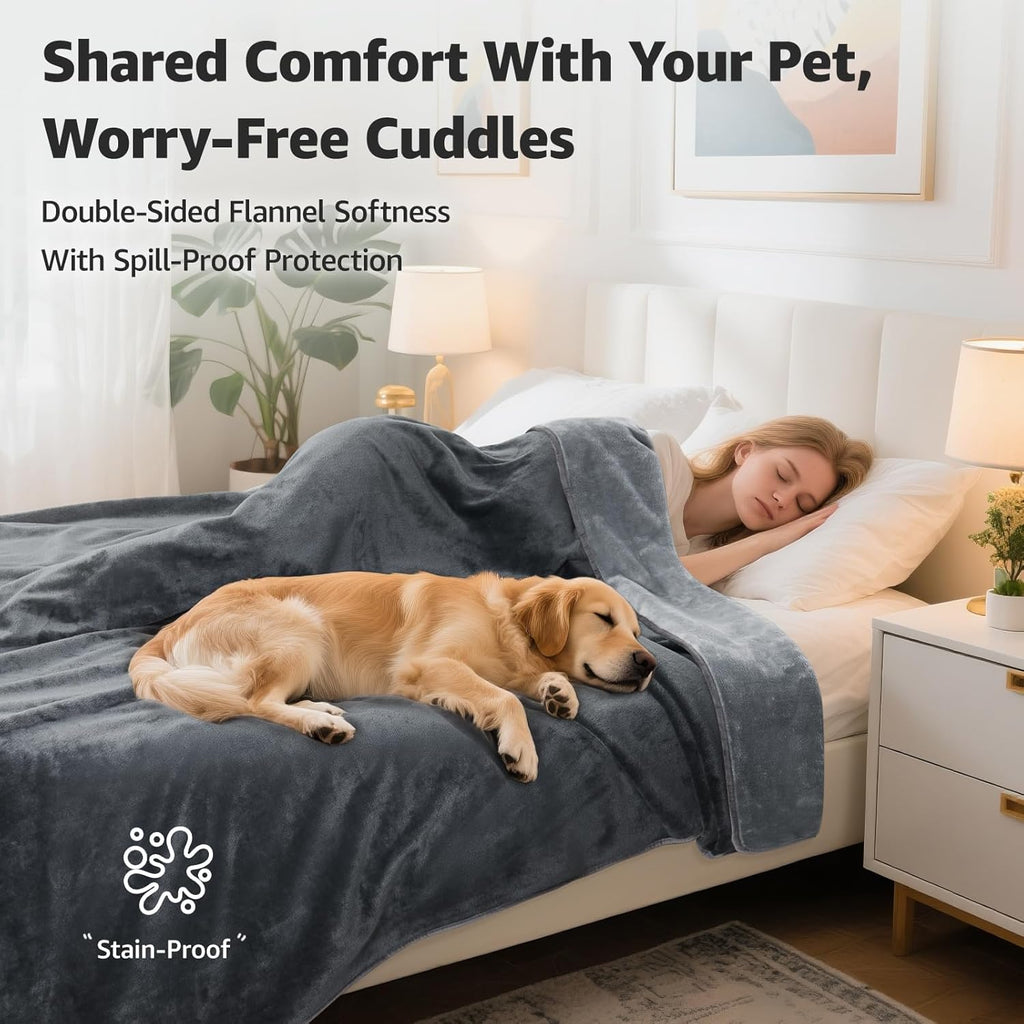 R0BTECH Waterproof Blanket for Bed: Reversible Soft Flannel Twin Bed Blanket 60" x 80", Leakproof Throw Spill-Proof Dog Pet Blanket for Couch Cover, Movie Time, Camping, Travel, Grey