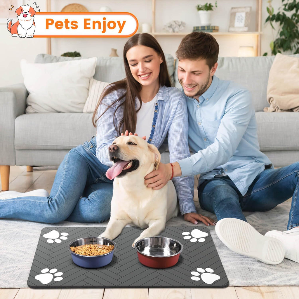 R0BTECH Pet Feeding Mat-Absorbent Pet Placemat for Food and Water Bowl, with Waterproof Rubber Backing, Quick Dry Water Dispenser Mat for Dog and Cat (20"x12", Striped Dark Gray)