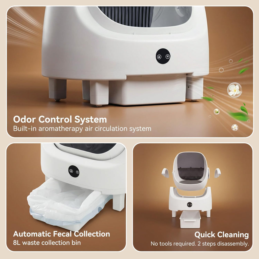 R0BTECH Automatic Litter Box App Control Self Cleaning Litter Box Odor Control＆Safety Protection for Multiple Cats with Garbage Bag, Cat Litter Mat and Fragrance Box