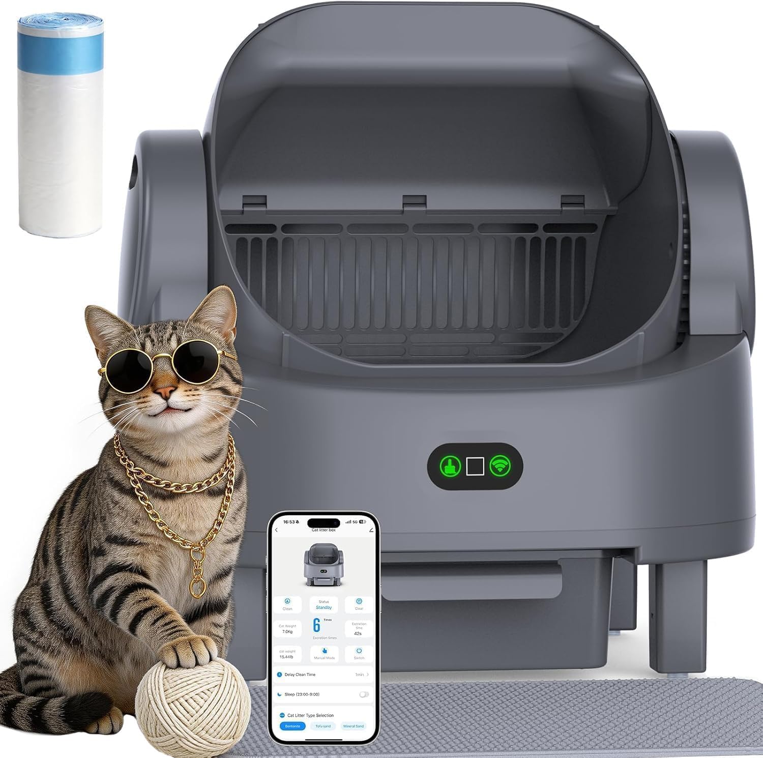 R0BTECH Automatic Litter Box, Open Top Large Self Cleaning Cat Litter Box for Multiple Cats, with APP Control/Multiple Safety Sensors/Trash Bag/Litter Mat, Cat Box Automatic Cleaning