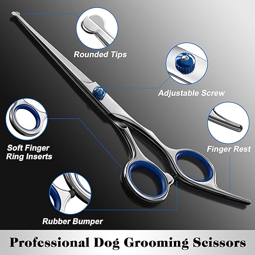 R0BTECH Professional 4 in 1 Dog & Cat Grooming Scissors Kit with Safety Round Tips,Sharp & Durable,Dog Shears for Grooming - Includes Straight, Curved, Thinning Scissors and Comb - Premium Pet Supplies
