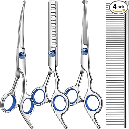 R0BTECH Professional 4 in 1 Dog & Cat Grooming Scissors Kit with Safety Round Tips,Sharp & Durable,Dog Shears for Grooming - Includes Straight, Curved, Thinning Scissors and Comb - Premium Pet Supplies