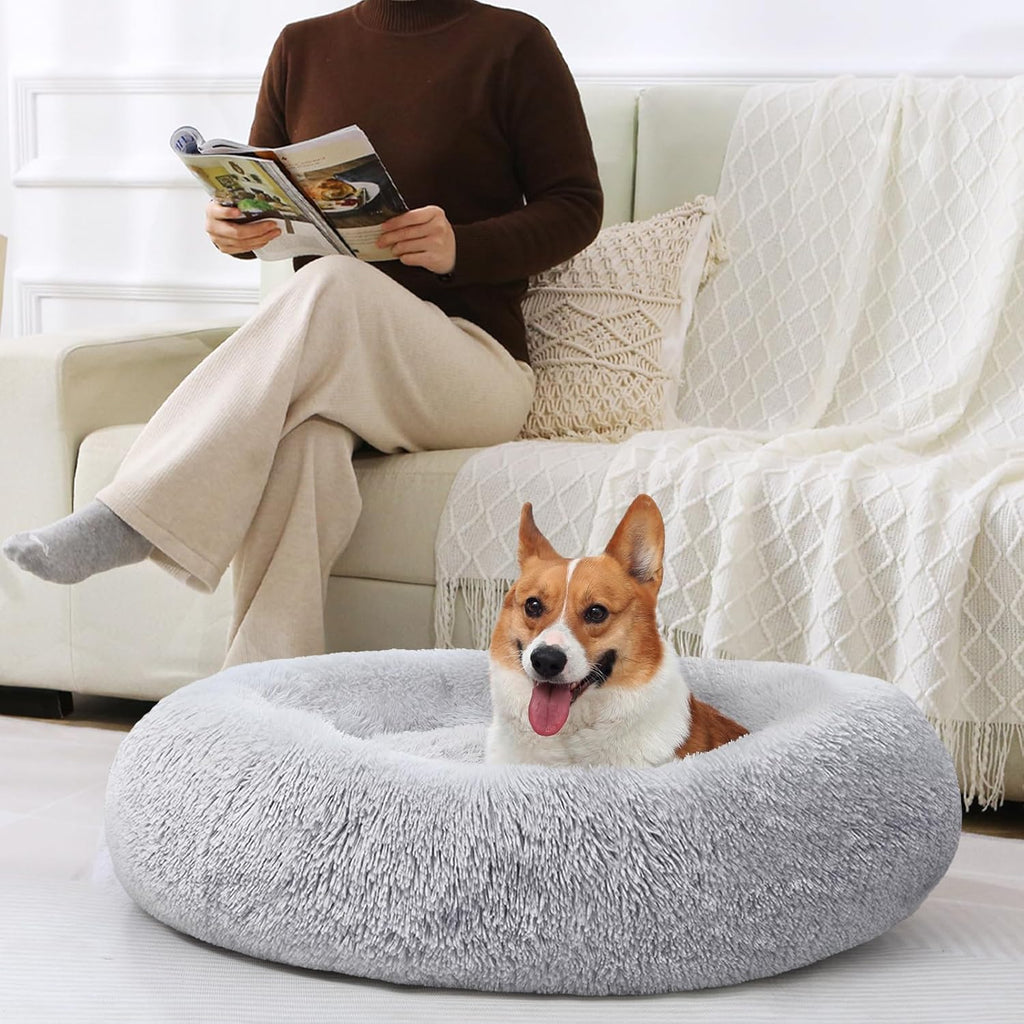 R0BTECH Small Dog Bed, Calming Soft Anti-Anxiety Donut Cat Bed, Washable Round Fluffy Cushion for Small and Medium Pets (20")