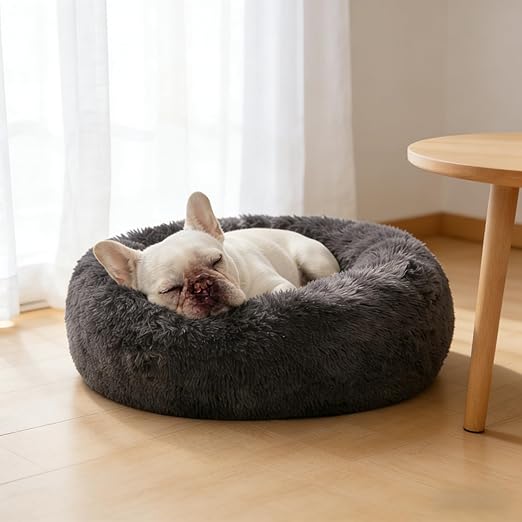 R0BTECH 23 inches Calming Donut Dog Bed - 3X Durable Plush Faux Fur, Machine Washable & Non-Slip, Fits up to 25 lbs, Dark Grey