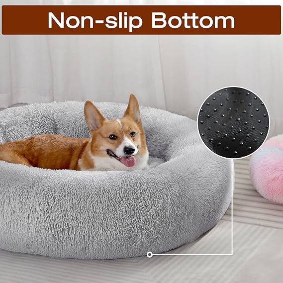 R0BTECH Small Dog Bed, Calming Soft Anti-Anxiety Donut Cat Bed, Washable Round Fluffy Cushion for Small and Medium Pets (20")