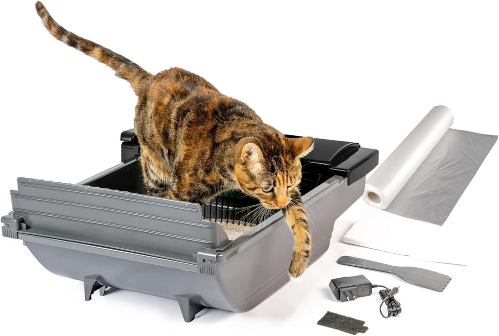 R0BTECH Self Cleaning Semi Automatic Cat Litter Box - Smart Scoop Cat Litter Box with 18 Bags & Carbon Filter for Up to Two Cats 6-16 Pounds