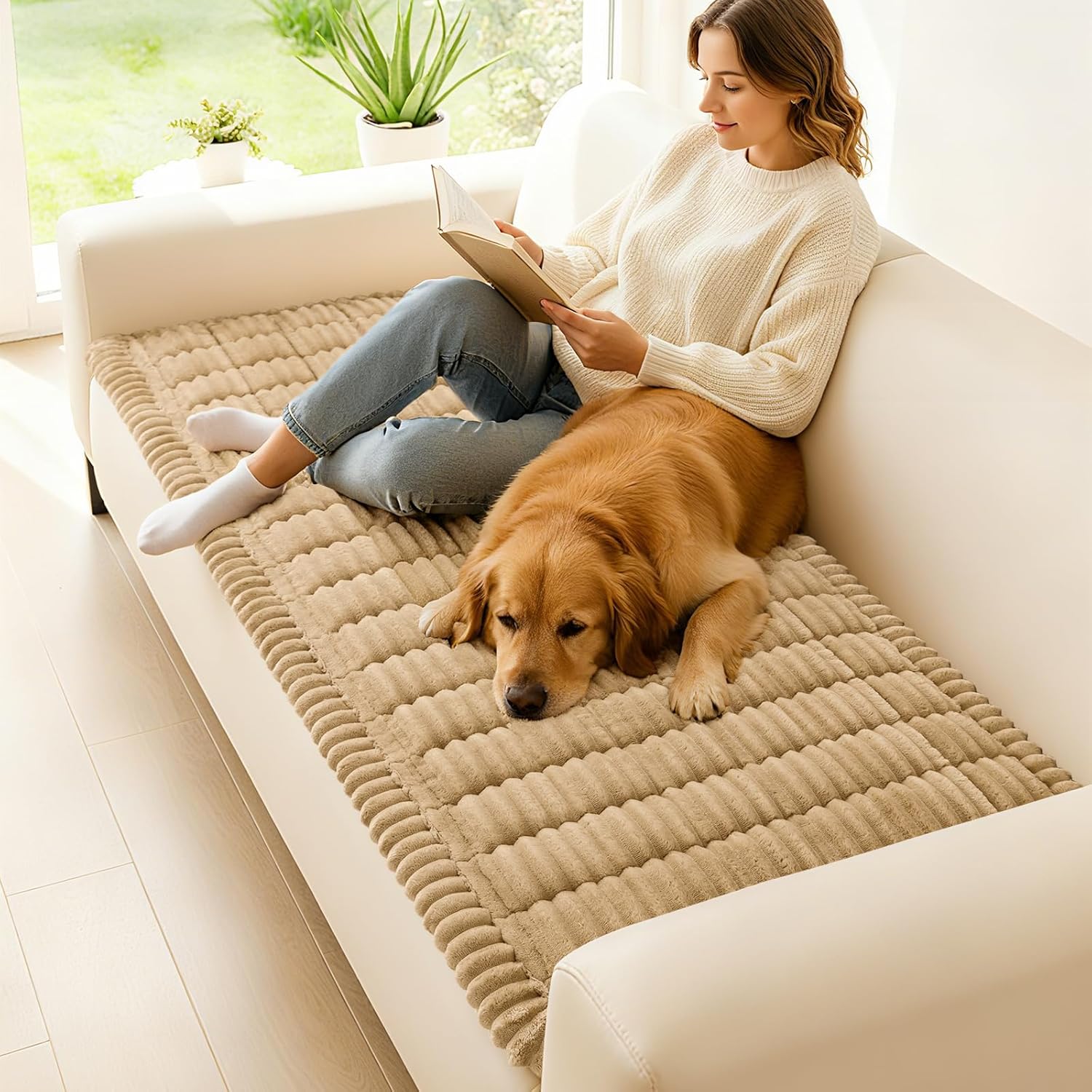 R0BTECH Couch Covers for Dogs Washable, Non Slip Plush Dog Sofa Protectors, Fuzzy Pet Couch Covers for 3 Cushion Sofa Pet Friendly (Camel, 27.6" x 59")