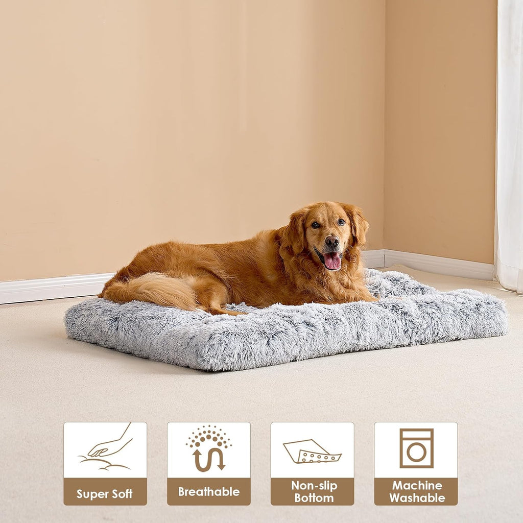 R0BTECH Fluffy Dog Crate Bed for Extra Large Dogs, Plush Faux Fur Pad, Calming Anti Anxiety XL Bed for Crate, Washable Soft Warm Dog Mat with Non-Slip Bottom, Grey