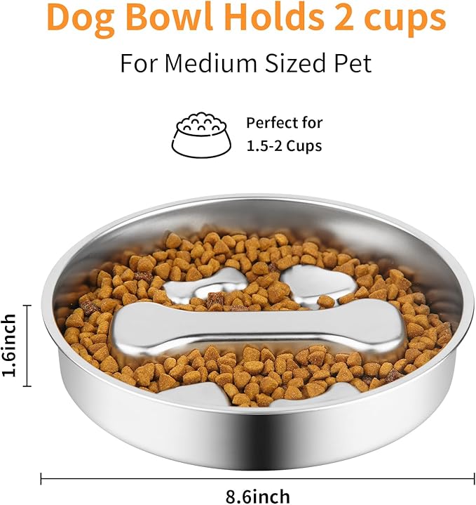 R0BTECH Novery Slow Feeder Dog Bowl - 2 Cups Stainless Steel Dog Slow Feeder Food Bowl, Metal Non-Slip Lick Plate,Puppy or Cat Food Holder,Pet Supplies,Puzzle Maze Dish for Medium Sized Breeds