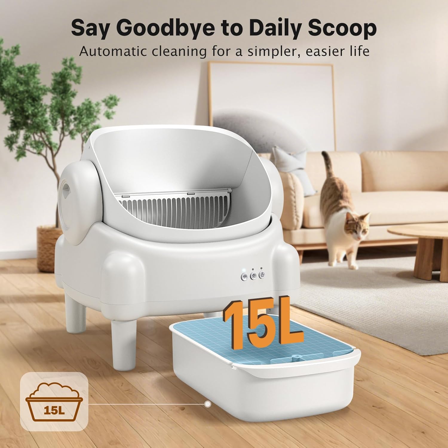 R0BTECH Self Cleaning Litter Box,Open Top Automatic Litter Box with App Control for Multiple Cats, Safety Sensors Protection, Odor Control Includes 2 roll Liners,Large Waste Bin, Cream White