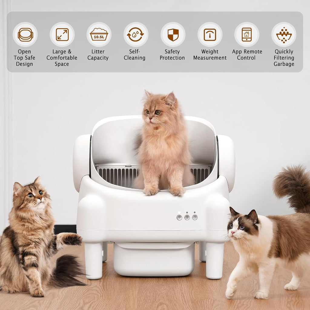 R0BTECH Self Cleaning Litter Box,Open Top Automatic Litter Box with App Control for Multiple Cats, Safety Sensors Protection, Odor Control Includes 2 roll Liners,Large Waste Bin, Cream White
