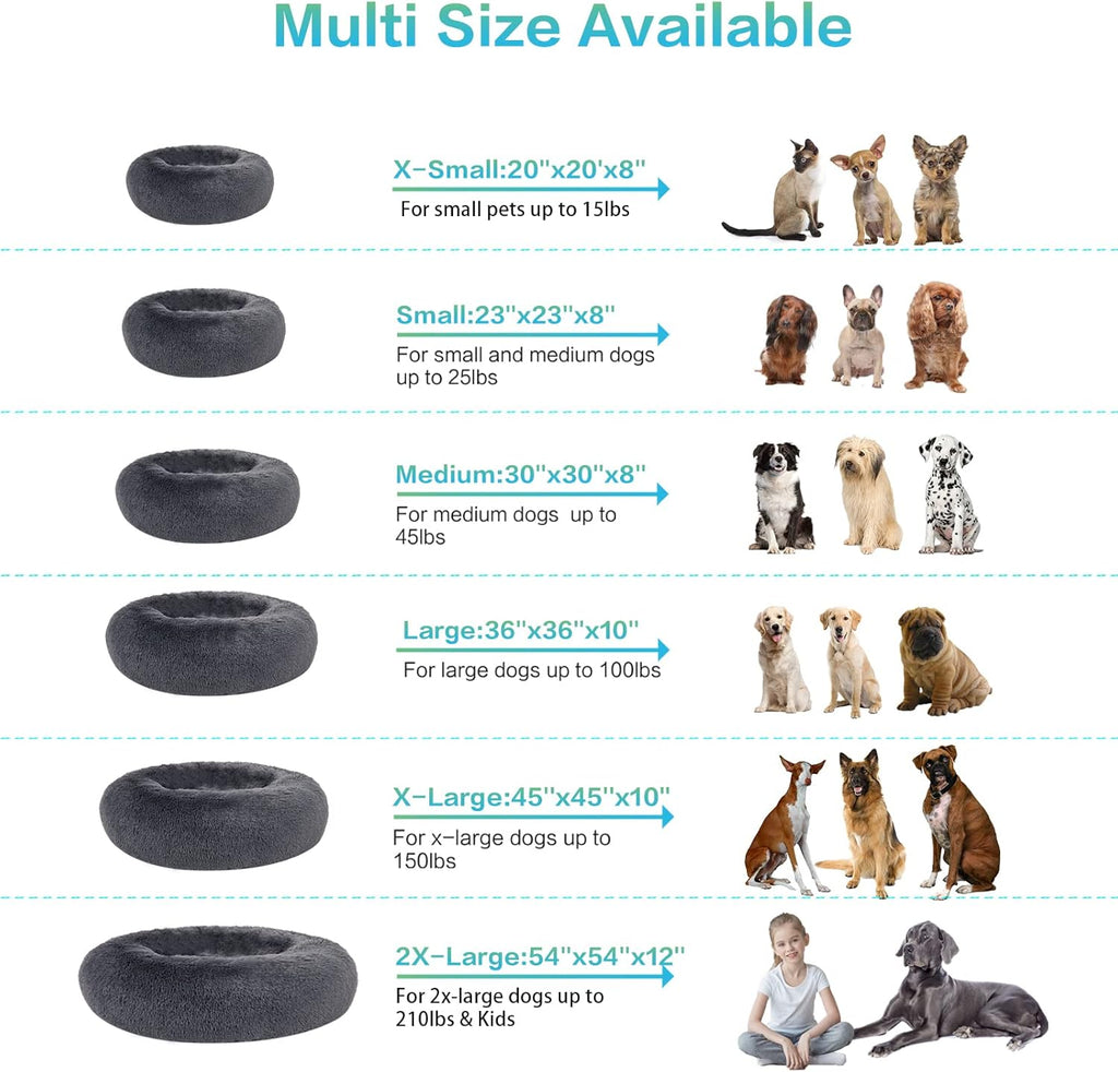 R0BTECH 23 inches Calming Donut Dog Bed - 3X Durable Plush Faux Fur, Machine Washable & Non-Slip, Fits up to 25 lbs, Dark Grey