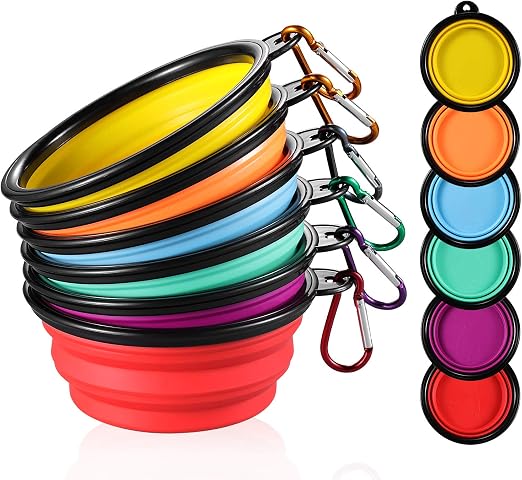 R0BTECH Collapsible Dog Bowl for Travel (12oz), 6 Pack Portable Pet Bowl with Carabiners, Foldable, Expandable