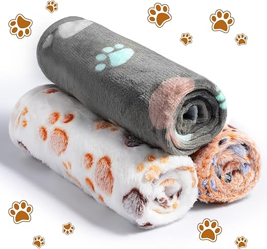 R0BTECH 12 Pcs Pet Blankets 23 x 16 Inch Soft Fluffy Fleece Dog Cat Warm Paw Print Pattern Blankets Flannel Throw for Pets Dog Puppy Cat(Dark Gray, White, Camel)