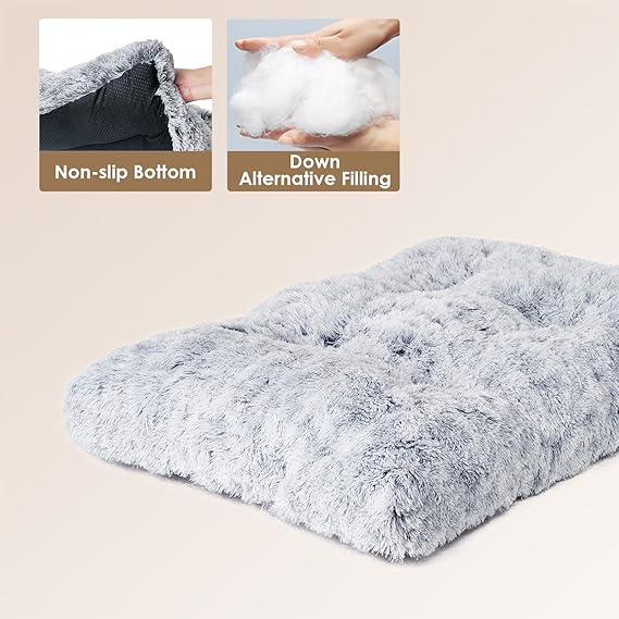 R0BTECH Fluffy Dog Crate Bed for Extra Large Dogs, Plush Faux Fur Pad, Calming Anti Anxiety XL Bed for Crate, Washable Soft Warm Dog Mat with Non-Slip Bottom, Grey