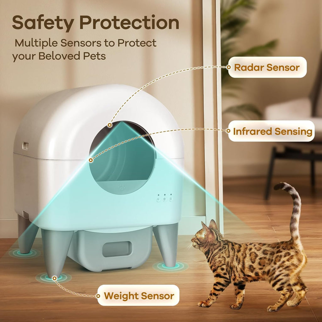 R0BTECH Self Cleaning Litter Box, Automatic Litter Box Self Cleaning Large Capacity for Multiple Cats, App Control with Safety Sensors, Removable Washable Liner,2 Pack Garbage Bags,Grey