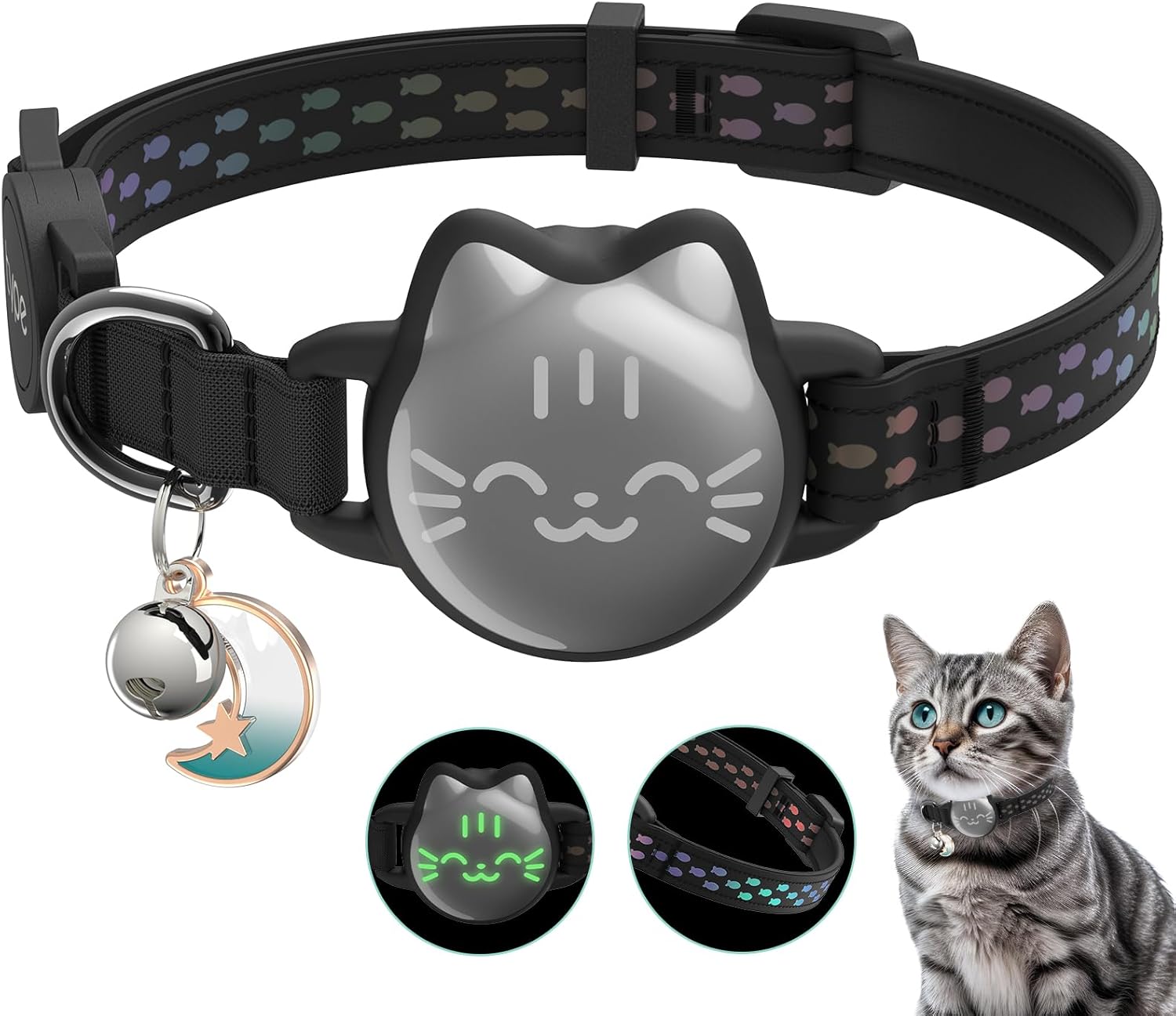 R0BTECH Waterproof Airtag 2nd & 1st Cat Collar, Breakaway Cat Airtag Collar with Luminous & Reflective Fish Pattern, Lightweight Kitten Collars for Apple Air tag, Hidden GPS Tracker Holder for Cats, Kittens
