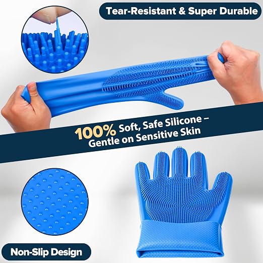 R0BTECH 6PCS Pet Grooming Kit for Dogs, Cats and Horses | Dog Washing Gloves | Cleanroom Gloves | Dog Bath Brush | Dog Bath Gloves | Dog Shampoo Brush | Dog Bath Supplies (Navy Blue)