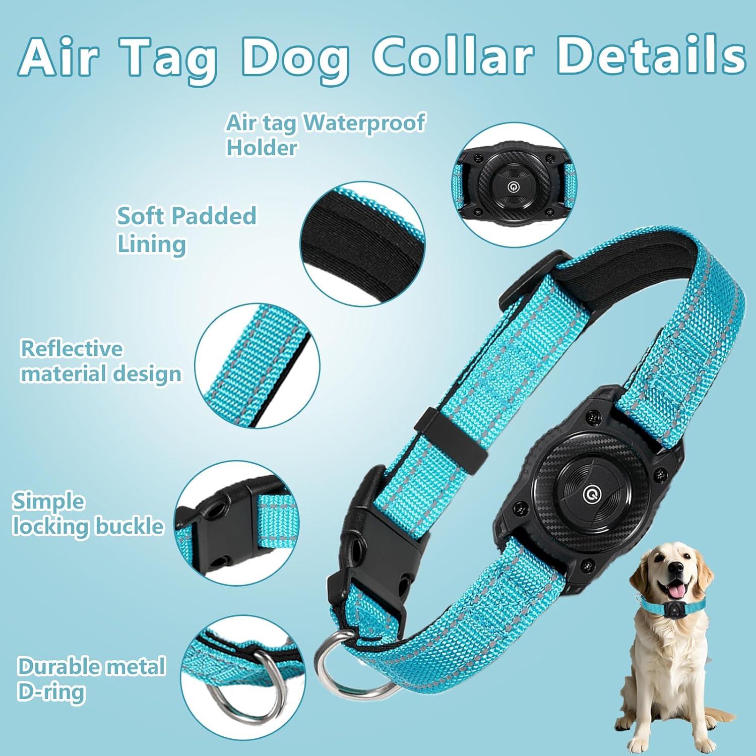 R0BTECH Smart Tracker Dog Collar, Waterproof Dog Collars Holder with Tracker Tag for Apple Find My (iOS Only) Reflective Pet Dog Collar Tracking for Small Medium Large Dogs (SkyBlue, M)