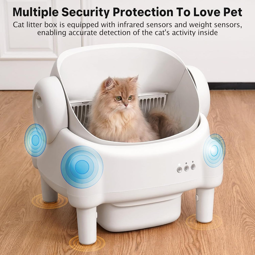 R0BTECH Self Cleaning Litter Box,Open Top Automatic Litter Box with App Control for Multiple Cats, Safety Sensors Protection, Odor Control Includes 2 roll Liners,Large Waste Bin, Cream White