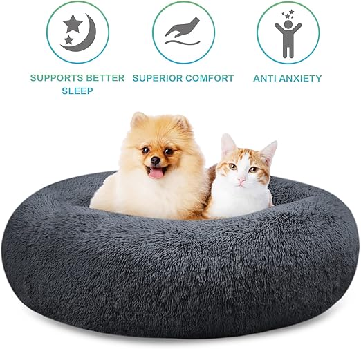 R0BTECH 23 inches Calming Donut Dog Bed - 3X Durable Plush Faux Fur, Machine Washable & Non-Slip, Fits up to 25 lbs, Dark Grey