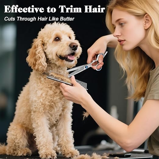 R0BTECH Professional 4 in 1 Dog & Cat Grooming Scissors Kit with Safety Round Tips,Sharp & Durable,Dog Shears for Grooming - Includes Straight, Curved, Thinning Scissors and Comb - Premium Pet Supplies