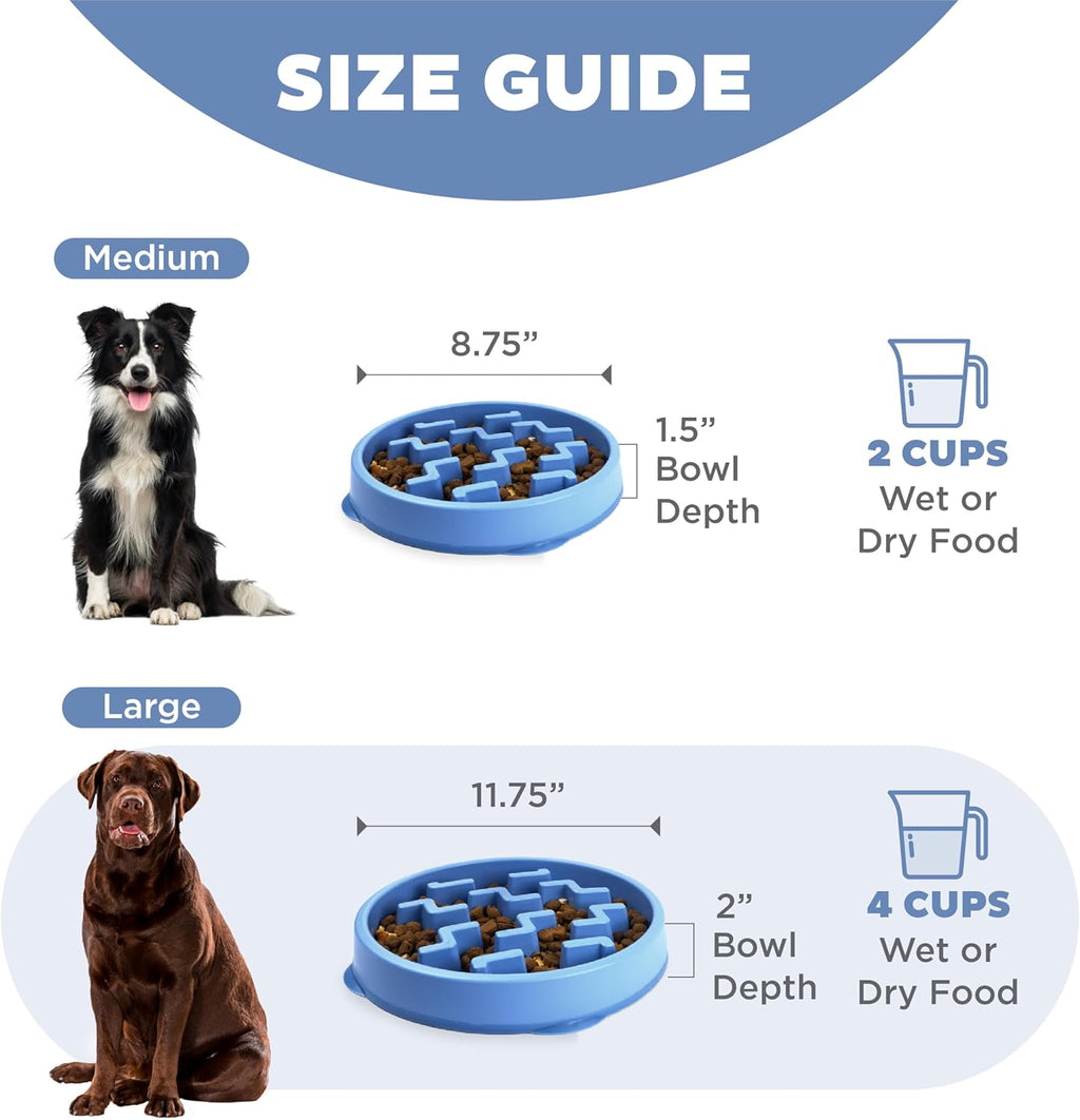 R0BTECH Hound Fun Feeder Slo Bowl – Large 4‑Cup Capacity, Slow Feeding, Medium to Large Dogs, Non‑Slip, Blue, Notch Pattern