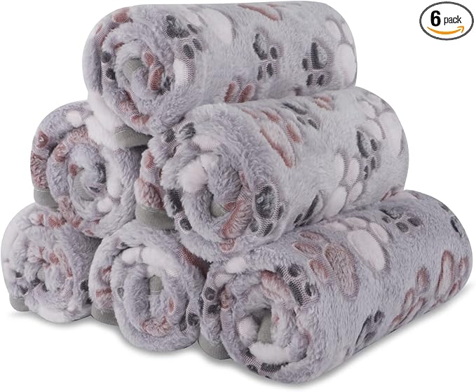 R0BTECH 6 Pack Small Dog Blanket, Super Soft Warm Pet Cover Blankets, Paw Print Puppy Fleece Flannel Blanket for Small Medium Dogs and Cats MW003