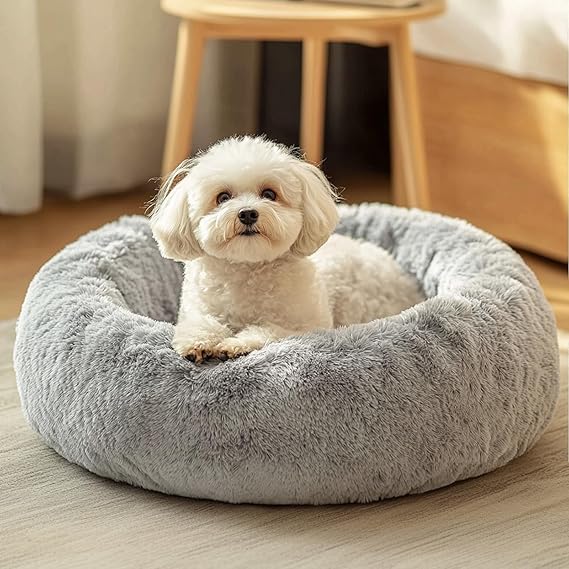 R0BTECH Small Dog Bed, Calming Soft Anti-Anxiety Donut Cat Bed, Washable Round Fluffy Cushion for Small and Medium Pets (20")