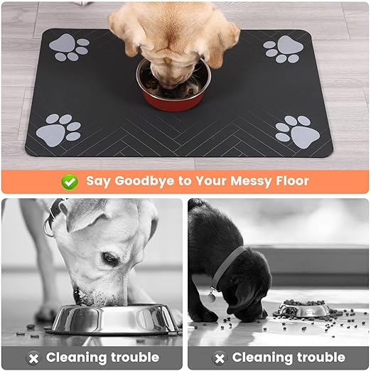 R0BTECH Pet Feeding Mat-Absorbent Pet Placemat for Food and Water Bowl, with Waterproof Rubber Backing, Quick Dry Water Dispenser Mat for Dog and Cat (20"x12", Striped Dark Gray)
