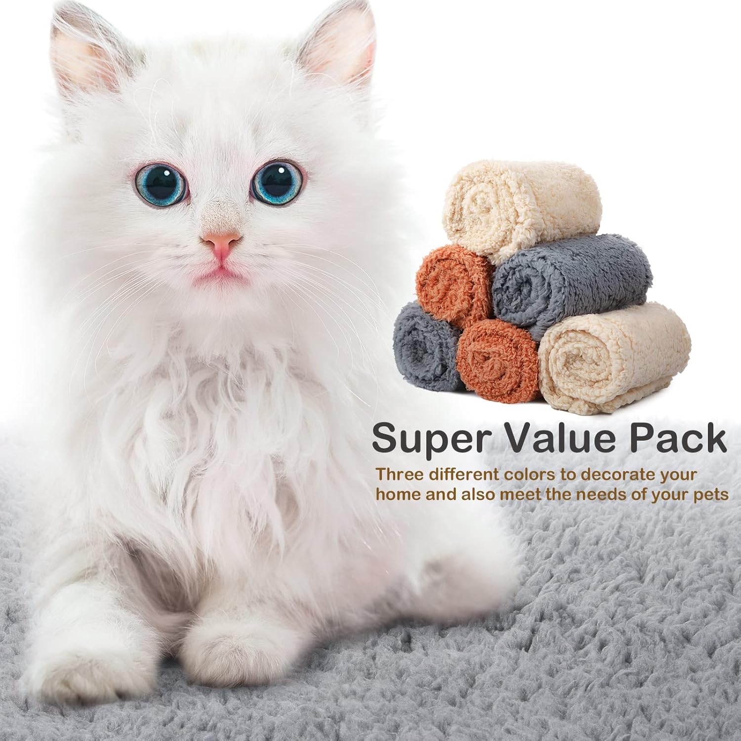 R0BTECH 6 Pcs Blankets for Dogs Cats, Soft Warm Fluffy Fleece Pet Calming Blanket, Washable Flannel Throw for Small Medium Pet, Gray/Beige/Khaki(31 x 24 Inch)