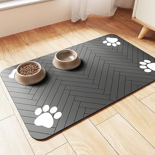 R0BTECH Pet Feeding Mat-Absorbent Pet Placemat for Food and Water Bowl, with Waterproof Rubber Backing, Quick Dry Water Dispenser Mat for Dog and Cat (20"x12", Striped Dark Gray)