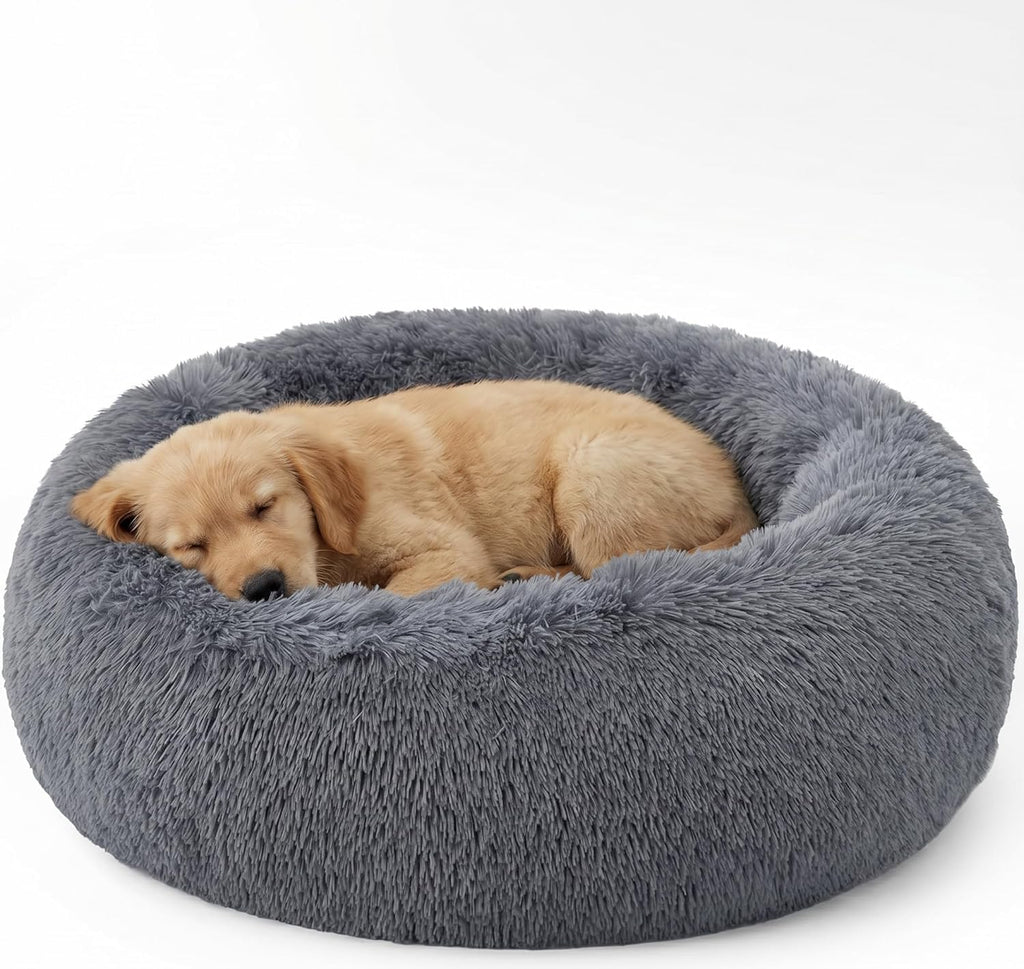 R0BTECH 23 inches Calming Donut Dog Bed - 3X Durable Plush Faux Fur, Machine Washable & Non-Slip, Fits up to 25 lbs, Dark Grey