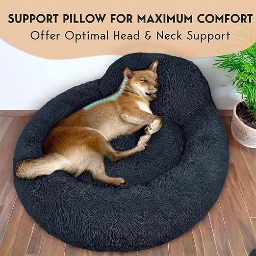 R0BTECH Calming Dog Bed Medium Size Dog - 30'' Donut Bed, Washable Dog Bed, Anti-Slip & Super Soft Fluffy Plush Round Dog Bed, Anti-Anxiety Premium Comfort Pet Bed, Fits Dogs Upto 45 lbs - Dark Grey