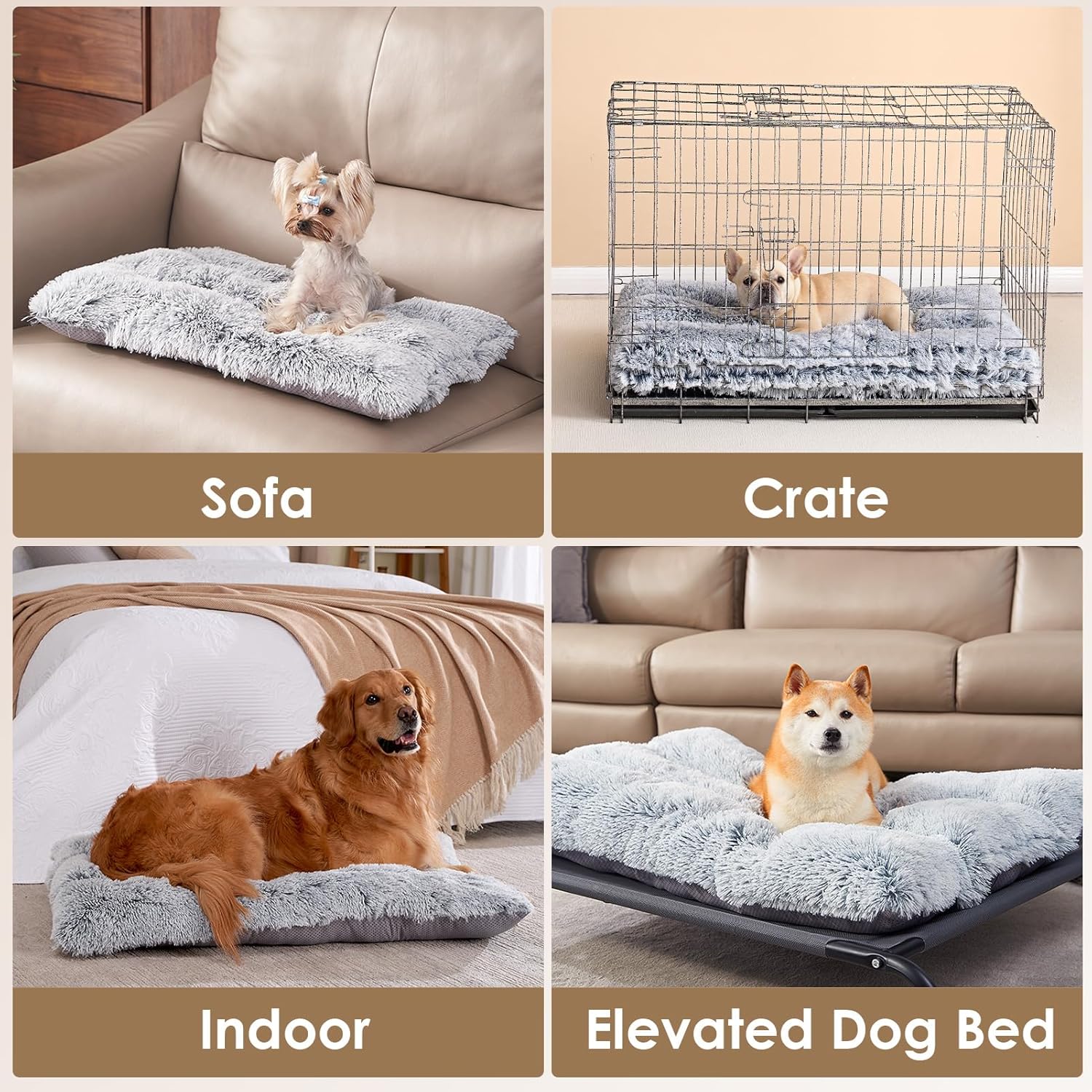 R0BTECH Fluffy Dog Crate Bed for Extra Large Dogs, Plush Faux Fur Pad, Calming Anti Anxiety XL Bed for Crate, Washable Soft Warm Dog Mat with Non-Slip Bottom, Grey