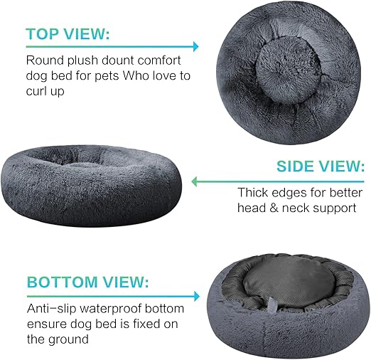 R0BTECH 23 inches Calming Donut Dog Bed - 3X Durable Plush Faux Fur, Machine Washable & Non-Slip, Fits up to 25 lbs, Dark Grey