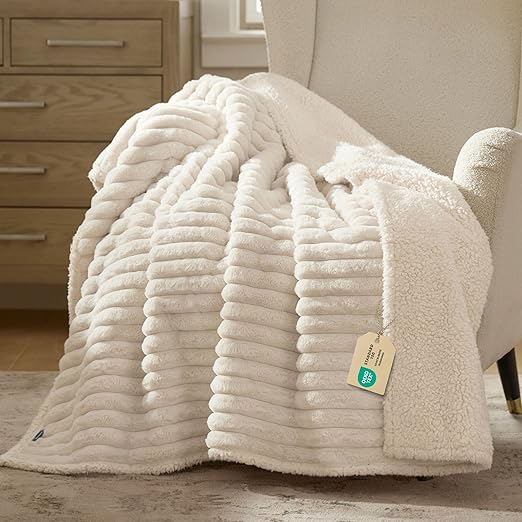 R0BTECH ComfyFleece™ Waterproof Dog Blankets for Large Dogs - Soft Pet Cat Blanket Corduroy Fleece for Couch Bed Protector Washable, Cozy Calming Reversible Furniture Protection,50"x60", Cream