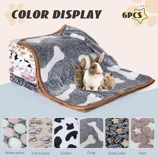 R0BTECH 6 Pcs Absorbent Guinea Pig Blankets Washable Small Animal Fleece Bedding Cage Liners Reusable Pet Pee Pad Sleep Mat Pad Cover for Hamster Ferret Rabbit Chinchilla Hedgehog (16"x24")